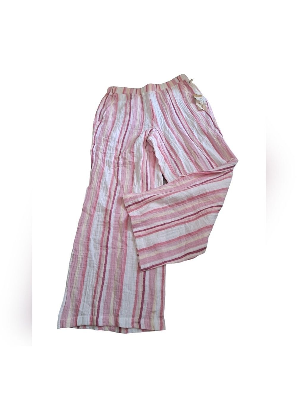 ESCAPE HABITAT CLOTHES gauze feel cotton striped crop pants elastic coastal XS